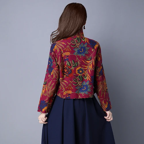 

2018 Ethnic Style Cotton And Linen Print Coat Chinese Style Vintage Women Jacket Single Breasted Coat Women