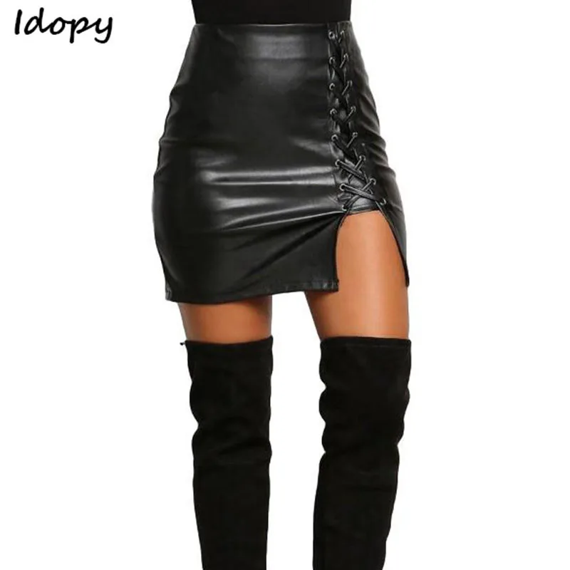 

Idopy Women`s Faux Leather Skirts Solid Hot Sexy Casual Lace Up Punk PU High Waist Slim Fit A-Line Bodycon Mini Skirt Female