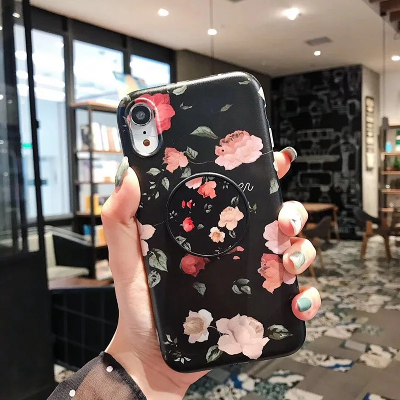 Flower and Leaf Folding Bracket Phone Case for Iphone 7 8 6 6s Plus Cover X S XR MAX Back Cases Capa Coque |