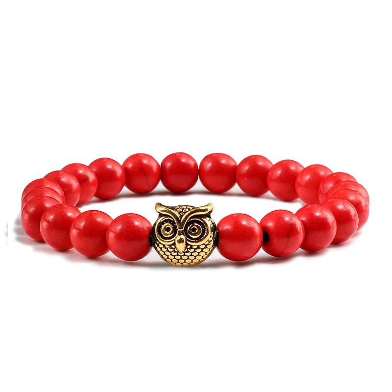 red beads gold Античное серебро золото животное сова Амулет Голова браслет femme натуральный камень Синий Белый Красный бисера энергии браслеты женские мужские ювелирные изделия - Окраска металла: red beads gold