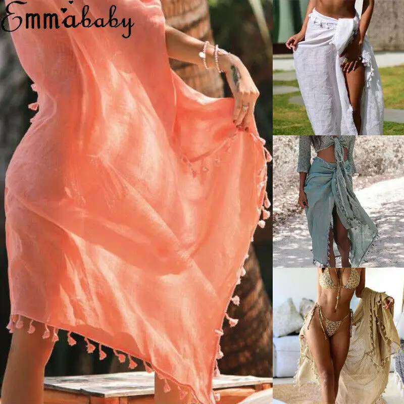 Women Boho Beach Solid Cover Up With Tassel Skirt Ladies Sexy High Waist Bathing Skirts | Женская одежда
