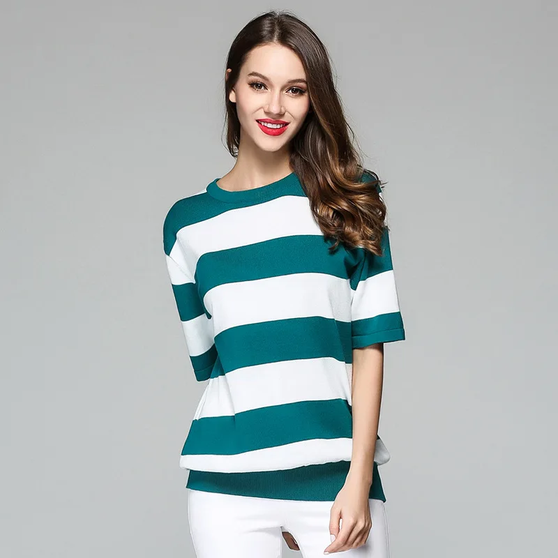 Fashionable Comfy Stripe Knitted Pullover Crew Neck Women Short Sleeve Pure Cotton Soft Sweaters Spring Summer Casual Wear | Женская