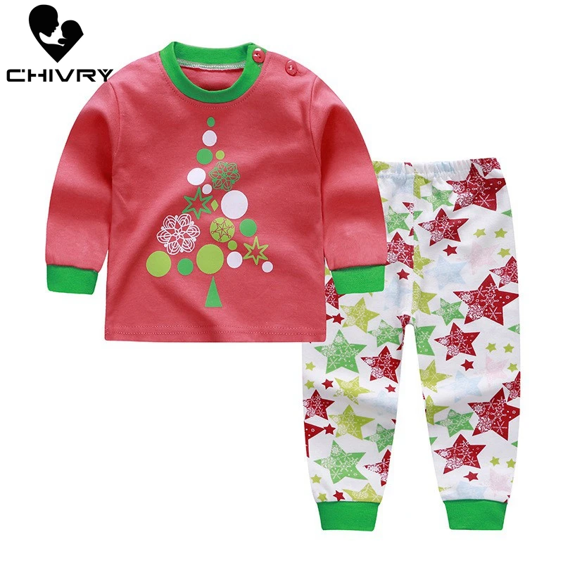 Chivry/ хлопковые детские пижамные комплекты для мальчиков Милая футболка с длинными рукавами, круглым вырезом и рисунком топы и штаны детская одежда для маленьких девочек