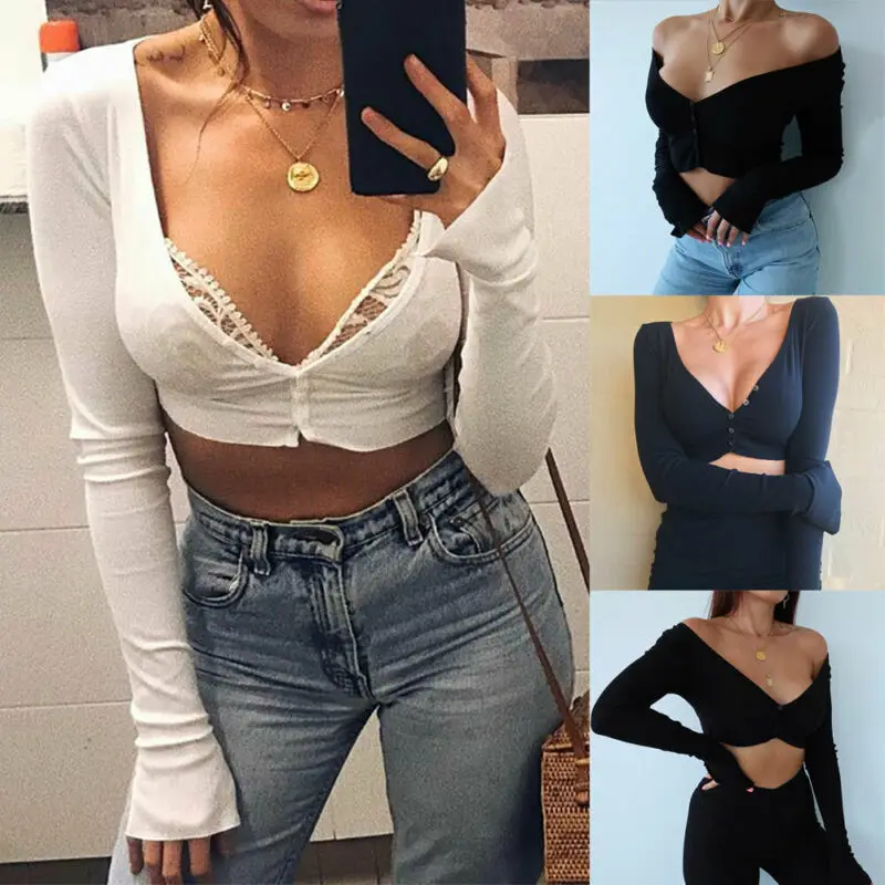 Женский короткий топ на пуговицах пикантный Повседневный укороченный с глубоким