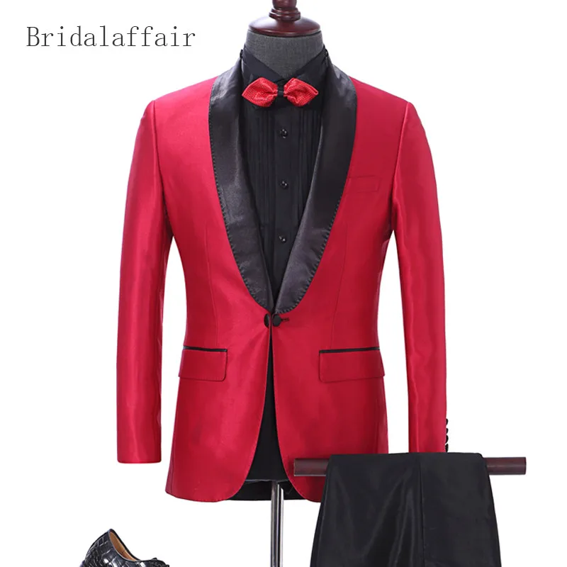 

Мужской Атласный смокинг для жениха Bridalaffair, цвет под заказ, мужской костюм, красная куртка с черными брюками, 2 предмета