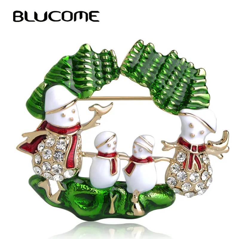 

Blucome New Arrival Christmas Snowman Shape Brooches Full Crystals Green Enamel Alloy Brooch For Women Kids Party Gifts Jewelry