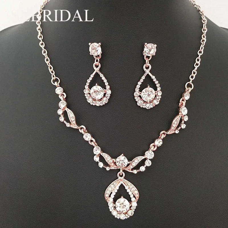 SLBRIDAL серебро и розовое золото прозрачные стразы кристаллы Свадебные украшения набор невесты ожерелье серьги набор вечерние партия Ювелирные наборы женщин