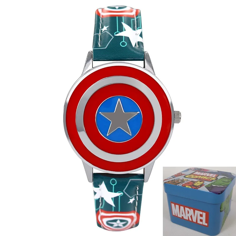CA-GR BOX GIFT Marvel Мстители Капитан Америка ребенок раскладушка кожа Водонепроницаемый Дети Кварцевые металлический чехол для часов Дисней 81032 Relojios Горячая - Цвет: CA-GR BOX GIFT