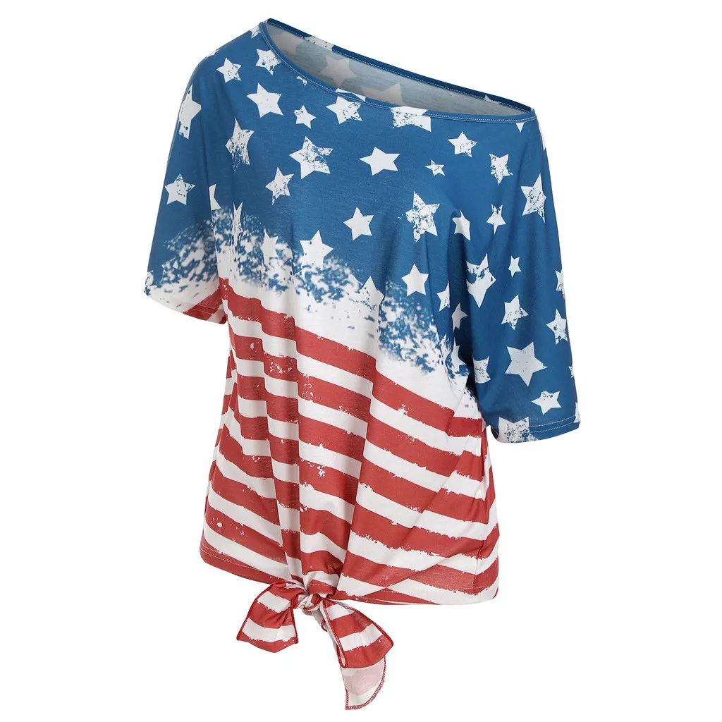 Women stripe America Flag Printed skew Neck SLeeve Knot T-shirt Harajuku korean style streetwear haut femme | Женская одежда