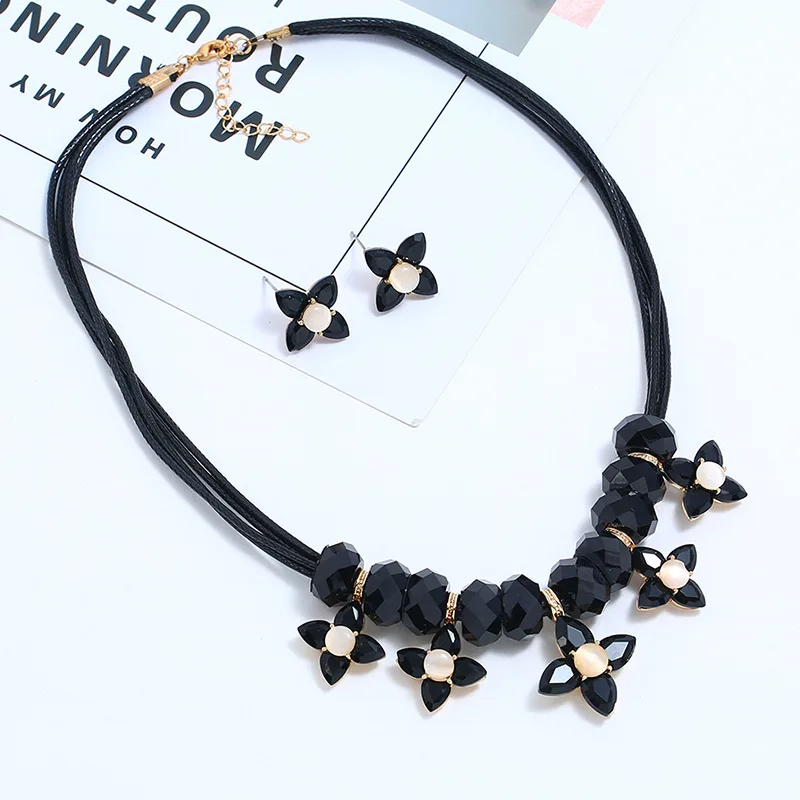 Богемное цветочное ожерелье серьги набор Кристальные Стразы свитер цепь Серьги