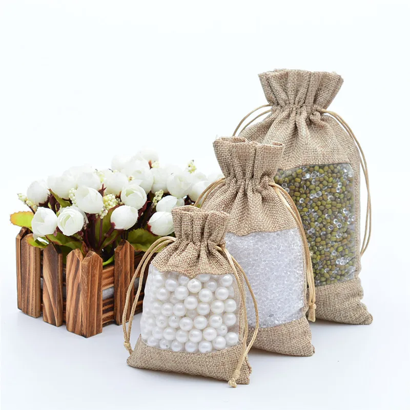 10pcs Clear Window Gift Packaging Bag Linen Storage Bag Candy Jewelry Bag Coffee Beans Tea Pouch Storage Organizer