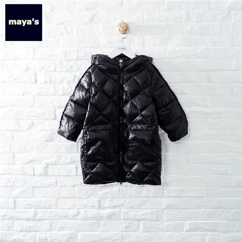 Mayas/белые зимние теплые длинные детские парки новые модные детские куртки с длинными рукавами и капюшоном базовые черные пальто на молнии для мальчиков 81235