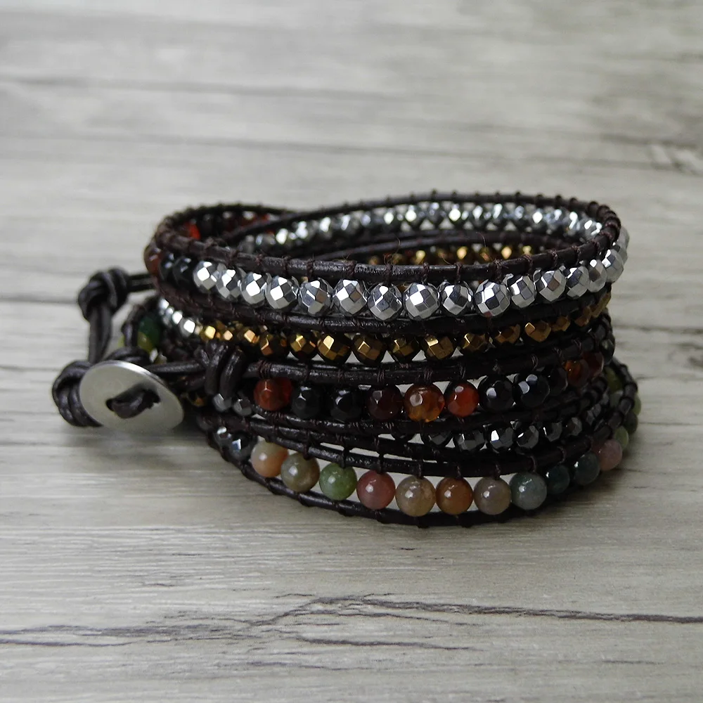 Палантин Бохо Браслет индийский натуральный камень Бусина beads Бусы Кожа Йога