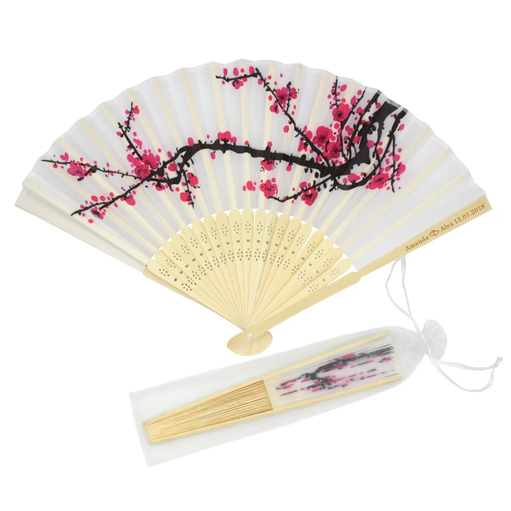 

50Pcs * Personalized Engraved Bamboo & Silk Fan Ladies Plum Folding Blossom Hand Fans Outdoor Dancing Wedding Party Gift Favor