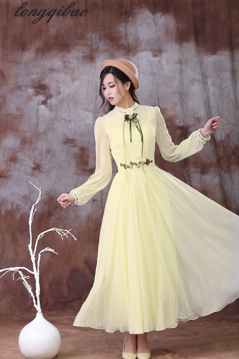 Весенне-осеннее новое ретро платье с вышивкой дворца и сада модное литературное