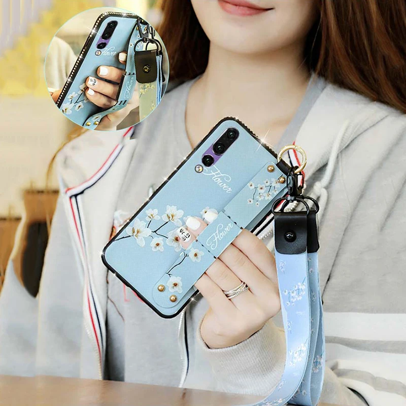Luxury P30 Lite Case For Huawei Pro Diamond Glitter Flower Strap Hanging Rope Wristband Bracket Anti-knock Covers |