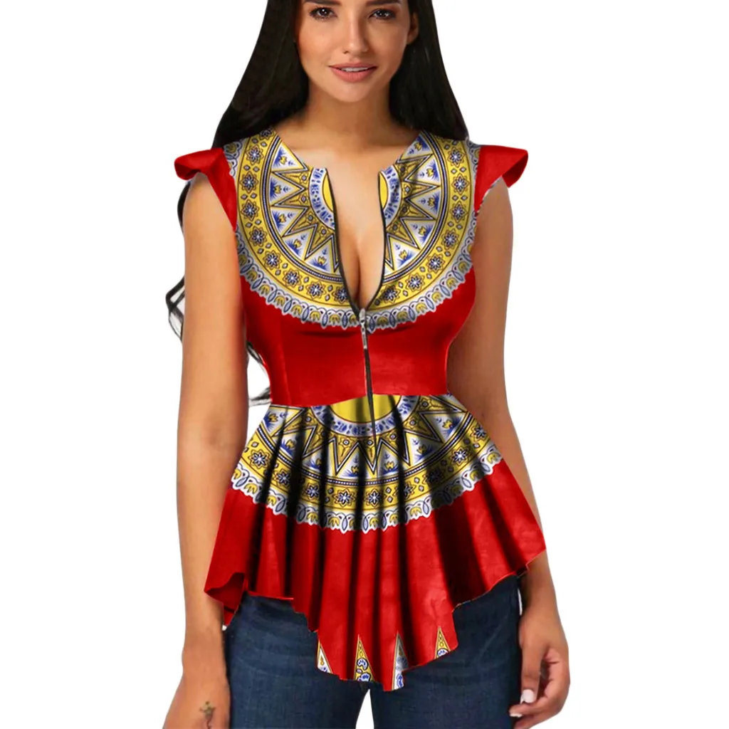 Женская блузка без рукавов с принтом в африканском стиле Летняя туника на молнии