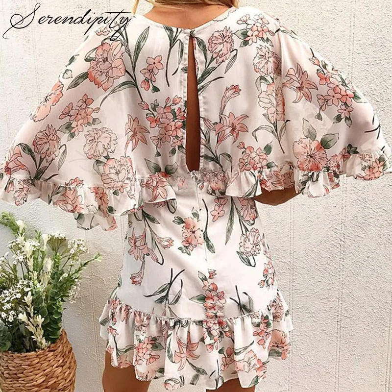 SRDP Elegant floral print women short shirt dress V neck ruffles vestidos Spring casual summer sundress sexy pink 2019 | Женская одежда