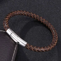vintage jewelry brown genuine braided men leather bracelet stainless steel clasp bangles gift bb0238