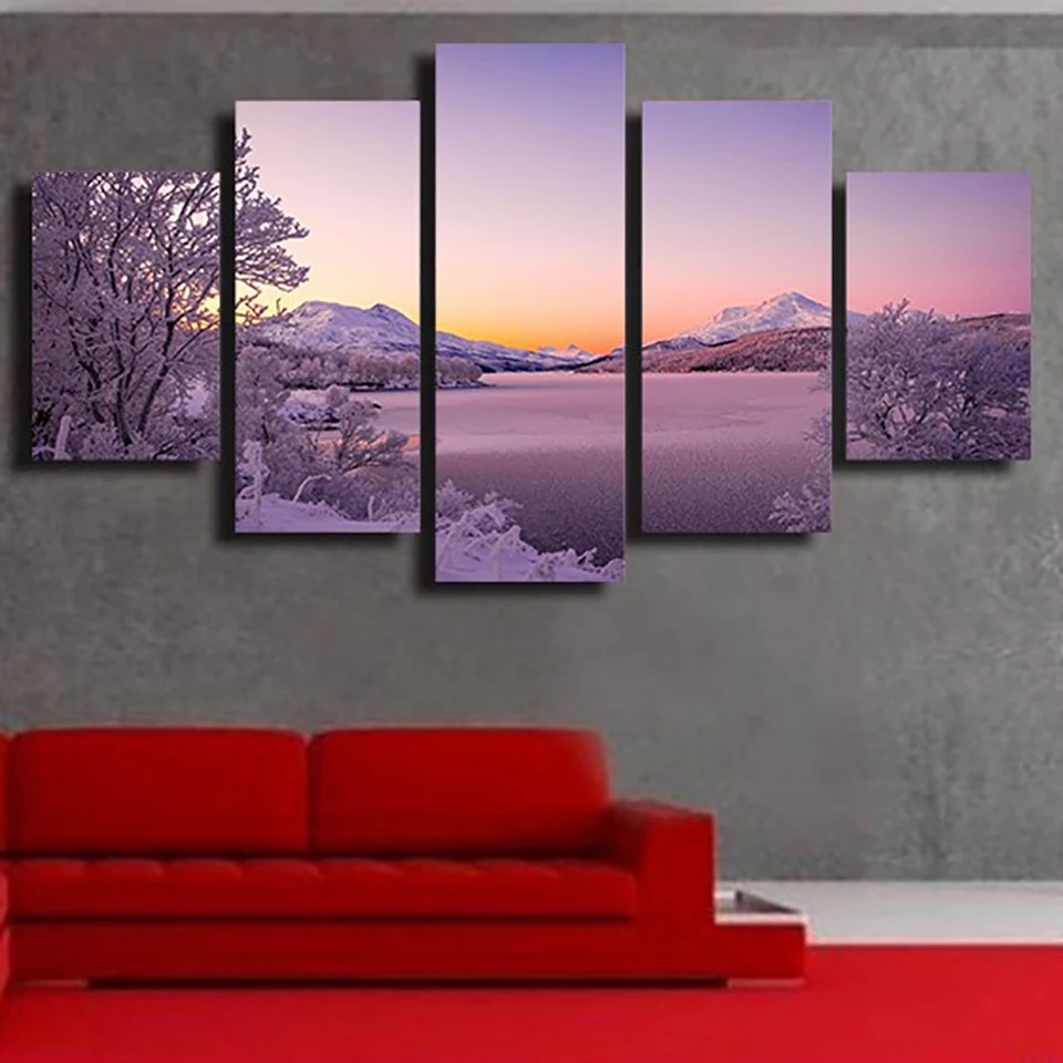 Современная Настенная картина с рамкой для гостиной 5 штук Снежная гора природа