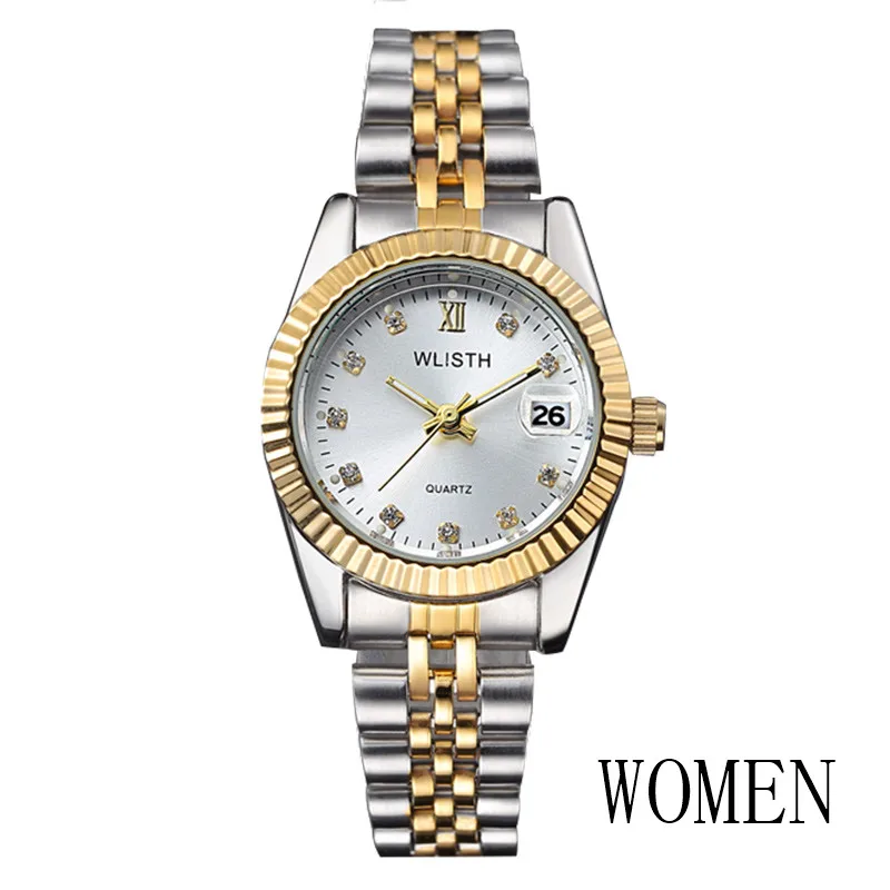 women two tone white Парные часы wlith, Топ бренд, роскошные часы для мужчин и женщин, кварцевые часы, Авто Дата, модные повседневные часы для влюбленных, нержавеющая сталь, Relogio - Цвет: women two tone white