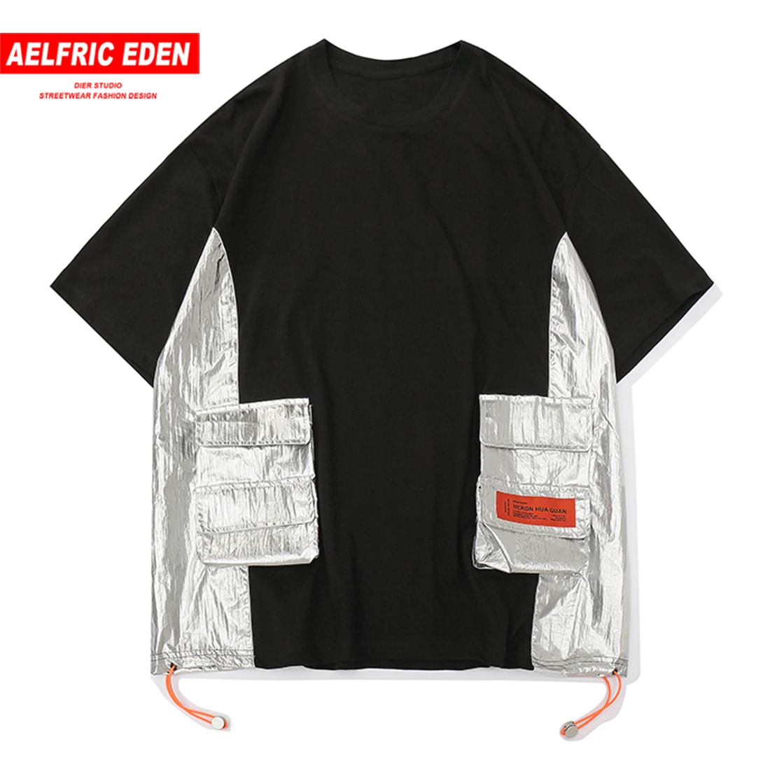 Aelfric Eden Лоскутная блесток ленты Pochets Футболка с принтом Мужская Летняя Harajuku хип