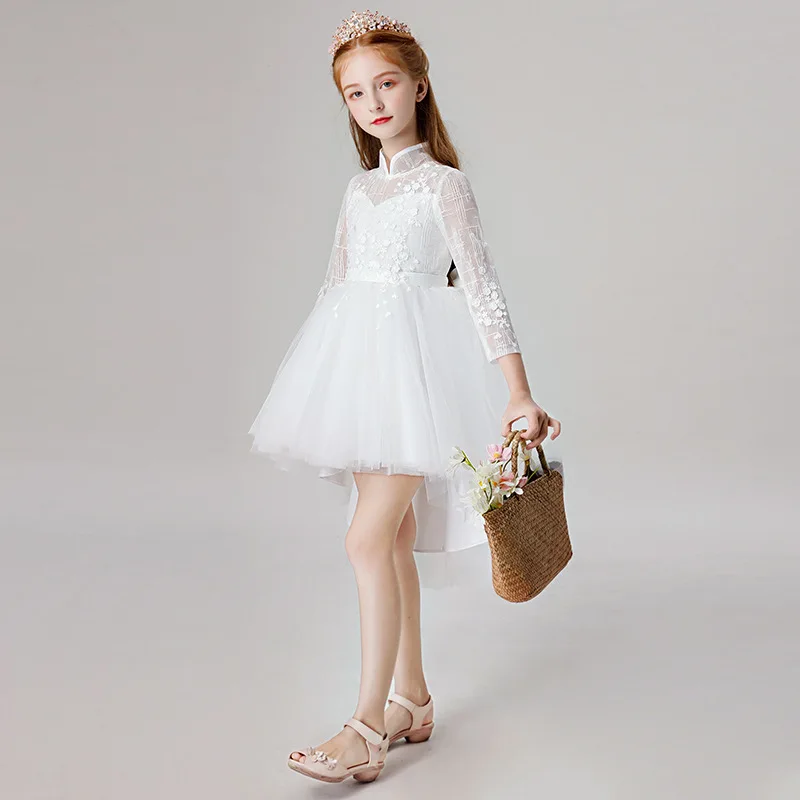 Модные платья для девочек ручной работы с белым бантом и цветами детские длинным рукавом конкурса длинные