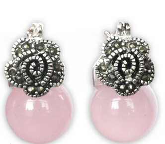 

wb001 AA Nature 12mm Pink Jade Beads Silver Flower Shape Earrings Hot