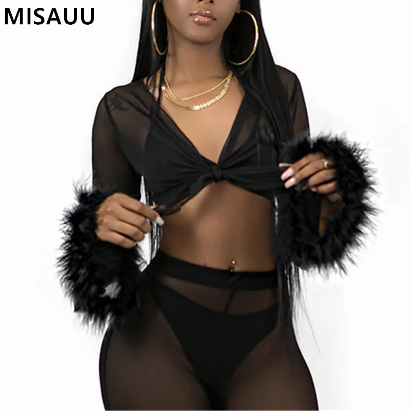 

Summer Women's Tracksuit Two Piece Sets Sexy Mesh Sheer Long Sleeve Crop Top And Pants Ladies Nightclub Outfit Suit Women Set