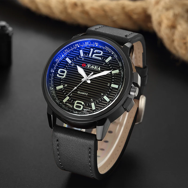 Luxury O.T.SEA Brand Blue Ray Glass Leather Watches Men Fashion Casual Sport Quartz Wristwatches 1213 | Наручные часы