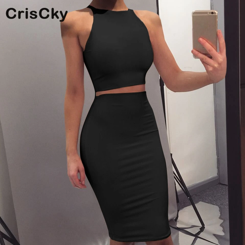 CRISCKY 2019 Summer Sexy Two Pieces Set Women Clothing T Shirt Tops Elastic Waist Knee Length Slim Skirt Outfits | Женская одежда