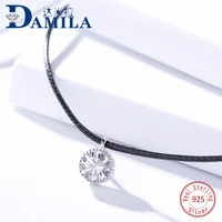 round crystal leather choker 925 sterling silver pendant necklace for women fashion silver choker jewelry necklaces for girls