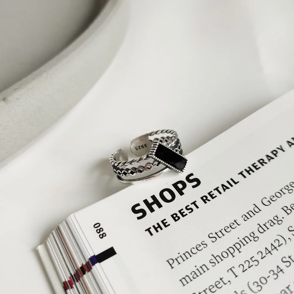 Amaiyllis 925 Sterling Silver Vintage black Silicone Open Rings For Women Thread Ring Weddings Party Jewelry us298 | Украшения и
