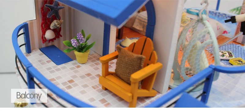 DIY LED Dollhouse Sea Miniature Villa With Furniture Wooden House Room Model Kit Gifts 3D Toys For Children Kids Doll House