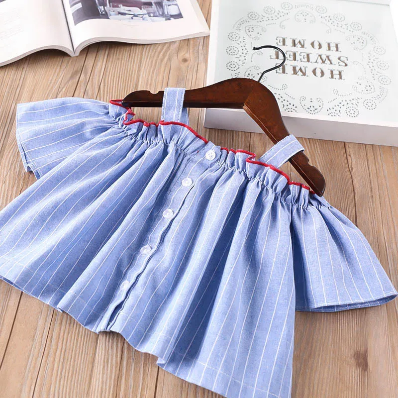 Блузка для девочек рубашка летние льняные Топы в полоску с открытыми плечами