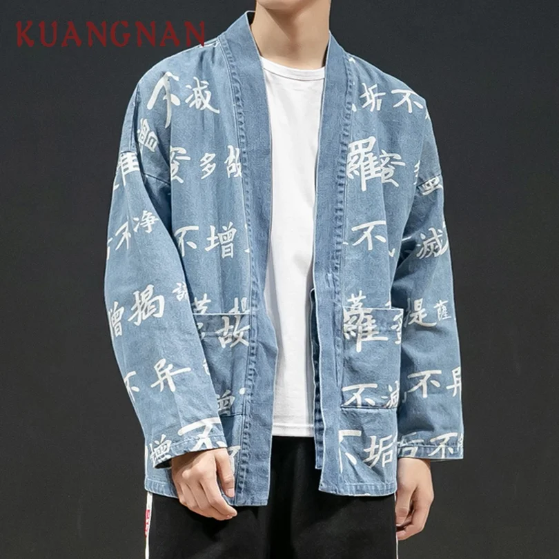 KUANGNAN, китайский стиль, кимоно, куртка, пальто, уличная, джинсовая куртка, Мужская, хип-хоп, джинсовая куртка, Мужская, черная, кимоно, кардиган, Весна