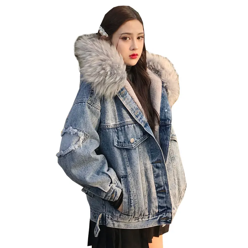 Бархатная Толстая джинсовая куртка Женская осенне зимняя модная с капюшоном