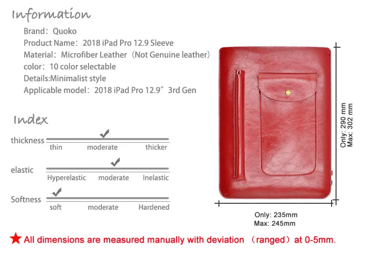 Multi-function ultra-thin super slim sleeve pouch cover,microfiber leather tablet sleeve case for iPad Pro 12.9 3rd Gen