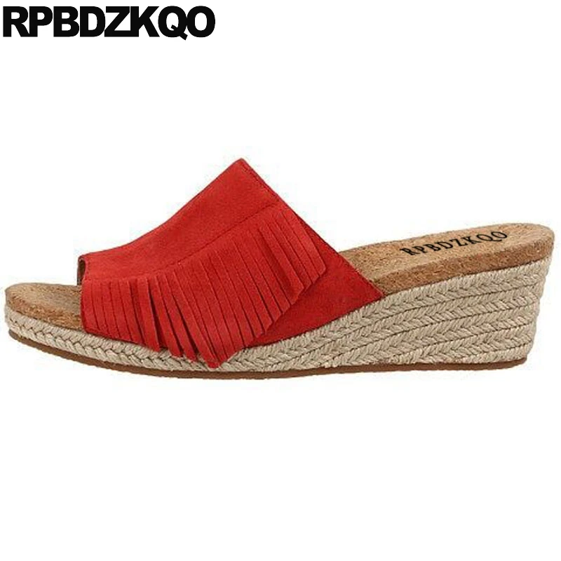 

Shoes Fringe Espadrilles Casual Rope Wedge Pumps Open Toe Suede Burgundy Ethnic Women Sandals 2021 Summer High Heels Slides