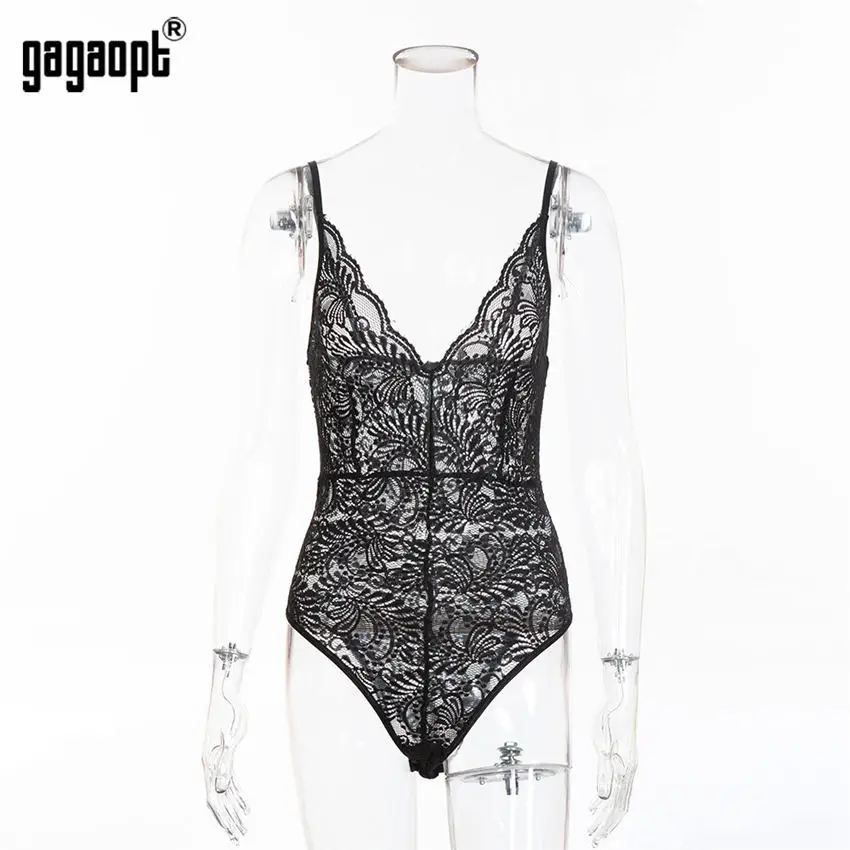 Gagaopt,, Кружевное боди для женщин, v-образный вырез, белый, черный, боди, элегантный, сексуальный, боди, Тедди, комбинезон, одежда для сна - Цвет: Черный