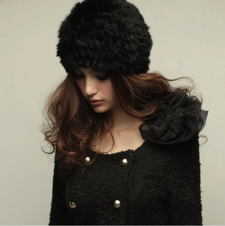 Натуральный вязаный кроличий мех зимняя шапка с натуральным кроличьим мехом