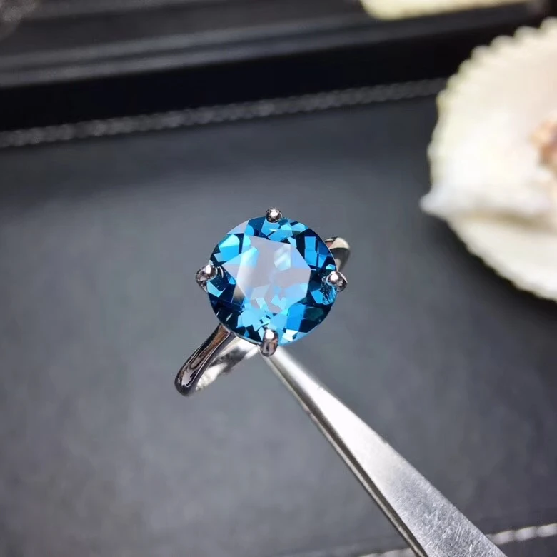 

Fashion elegance simple round S925 silver natural blue topaz gem ring natural gemstone ring woman girl weddings gift jewelry