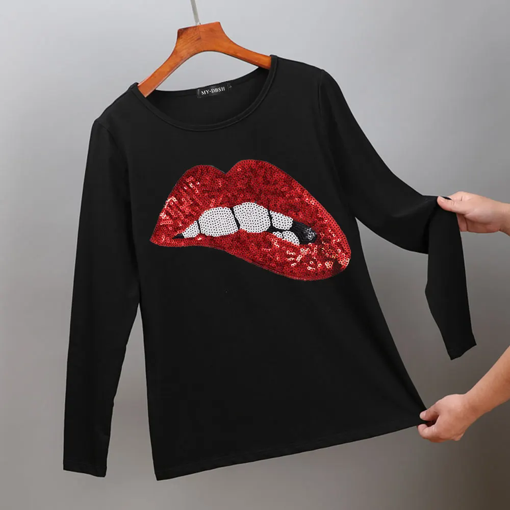 Новый 2021 Мода с вышитым пайетками рисунком в виде губ для женщин футболки туника