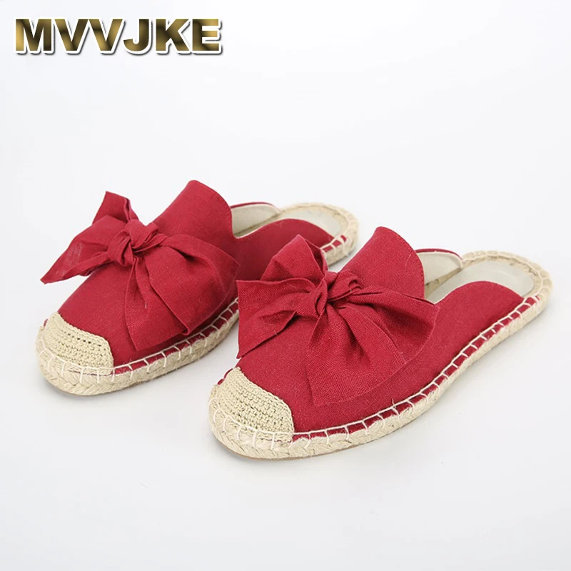 

MVVJKE Fashion Ethnic Casual Espadrilles Big Bow Flat New Women Spring Printed Embroider Slip on Fishermen Hemp Rope Shoes