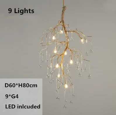 9 lights D60xH80cm Креативный G4 светодиодный Золотой/Серебряный Кристалл капли воды люстры для Холла лобби Лофт ретро золотая ветка подвесной светильник лампа светильник ing - Цвет абажура: 9 lights D60xH80cm
