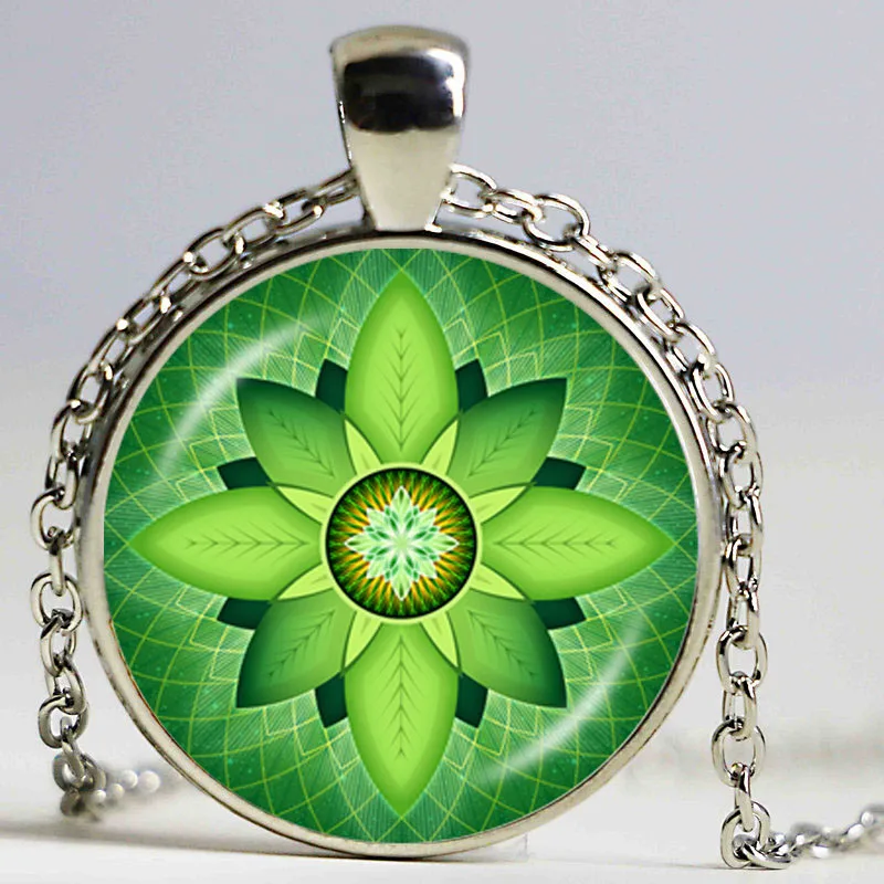 Ожерелье &quotцветок жизни&quot с изображением зеленых листьев и Мандала серебро
