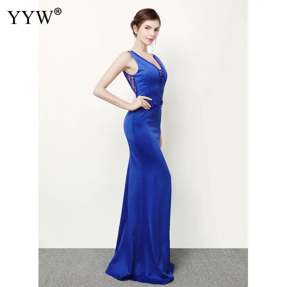 Robe De Soiree модная обувь с украшением в виде кристаллов Бисер Длинные Русалка Вечерние Платье Для женщин сексуальный v-образный вырез с низким вырезом на спине кружевное элегантное вечернее платье для выпускного бала