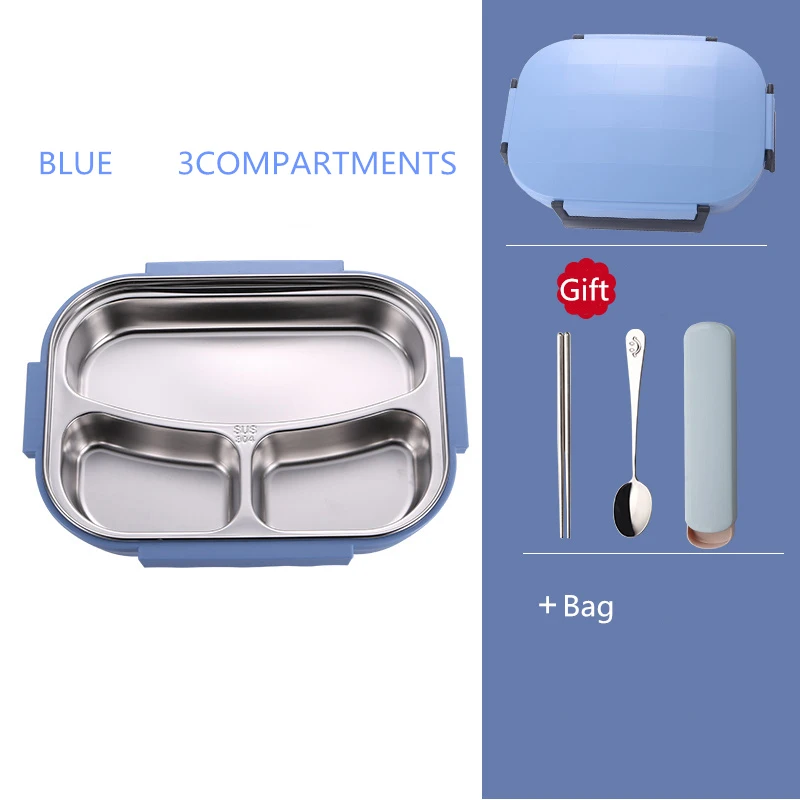 Blue 3 bag ONEUP коробка для обедов из нержавеющей стали Экологичная Bento коробка с мешками и столовыми приборами термоконтейнер для хранения продуктов для взрослых студентов - Цвет: Blue 3 bag