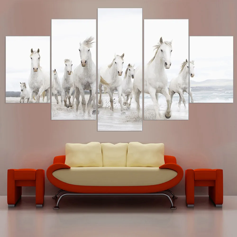HD печать 5 шт./компл. Белая лошадь бег картина холст искусство Декор Гостиная