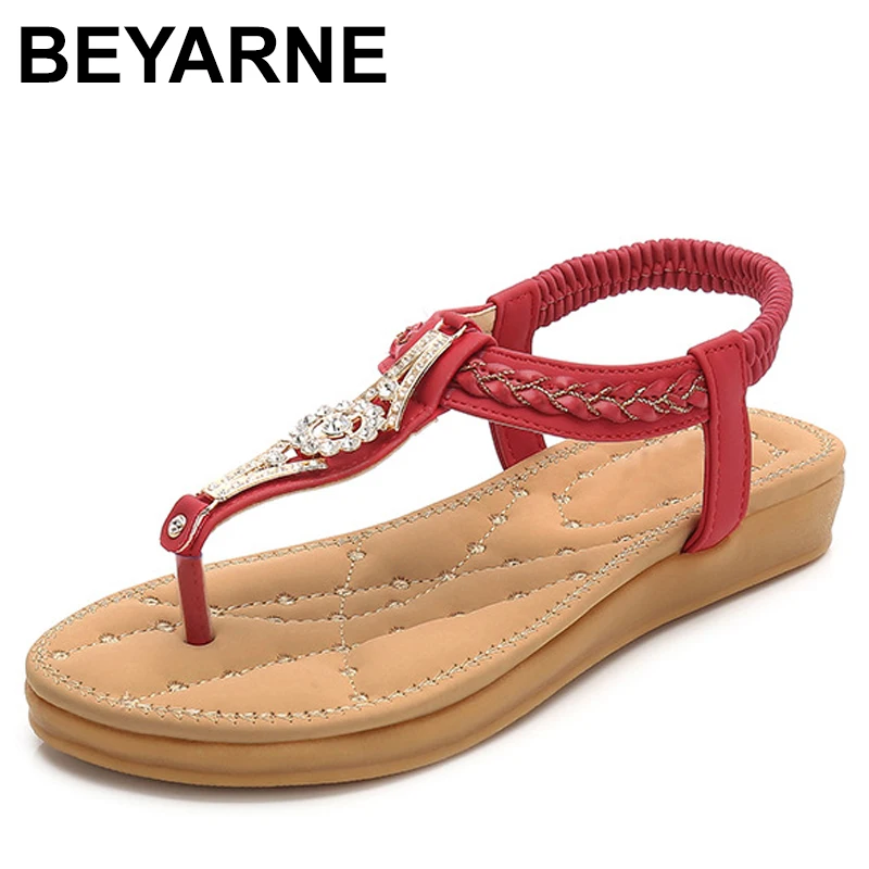 

Женские сандалии BEYARNES из натуральной кожи с кристаллами, сандалии на плоской подошве, удобные богемные пляжные сандалии с эластичным ремеш...